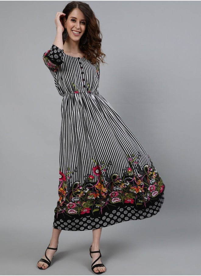 Women's Black 100% Cotton Self Design A-Line Dress