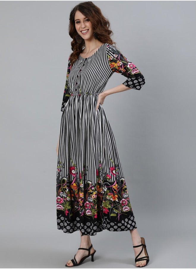 Women's Black 100% Cotton Self Design A-Line Dress