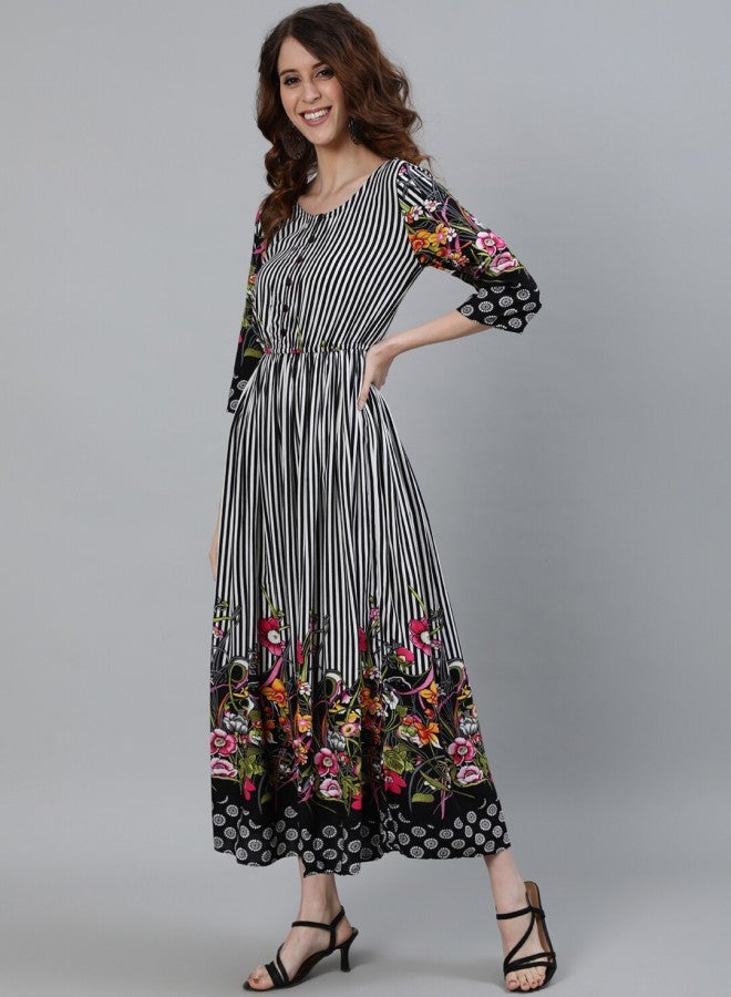 Women's Black 100% Cotton Self Design A-Line Dress