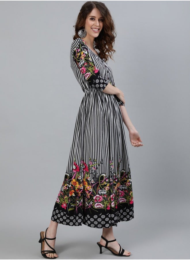 Women's Black 100% Cotton Self Design A-Line Dress