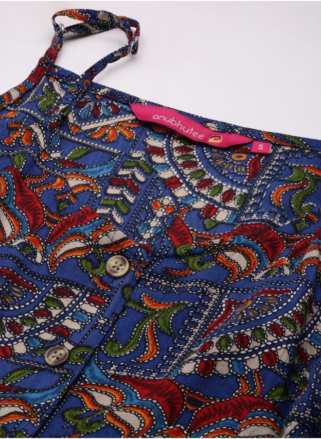 Women's Blue 100% Cotton Self Design A-Line Dress