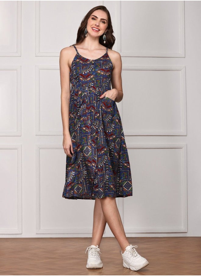 Women's Blue 100% Cotton Self Design A-Line Dress