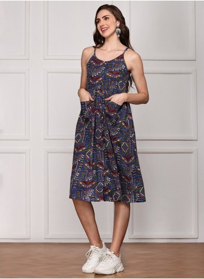 Women's Blue 100% Cotton Self Design A-Line Dress