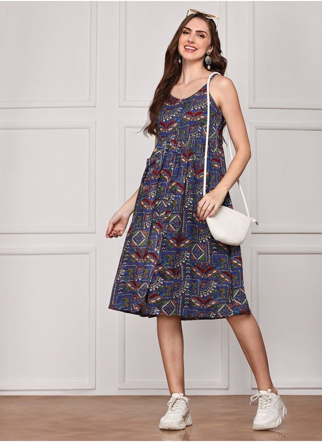 Women's Blue 100% Cotton Self Design A-Line Dress
