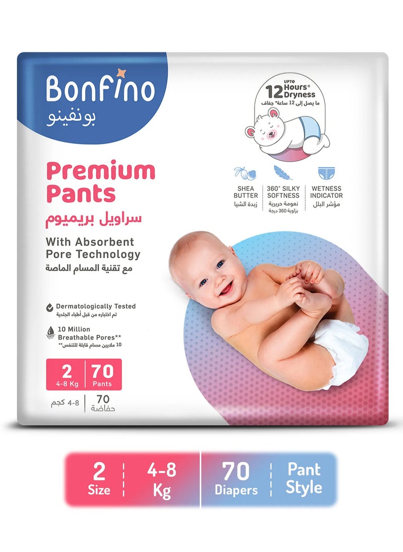 Bonfino Premium Pant Style Diapers, Best Absorbency, Hypoallergenic, Leak Guard, Overnight Diapers, Size 2, Small - 70 Pieces