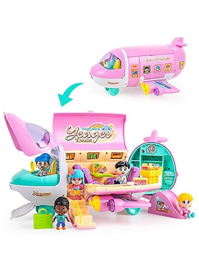 Airplane Dollhouse Playset for Girls 3-5, Kids Pretend Play Doll House Set W/ Pink Plane, Dolls, Travel Accessories, Birthday Gifts for 4 5 6 Year Olds Children Toddlers