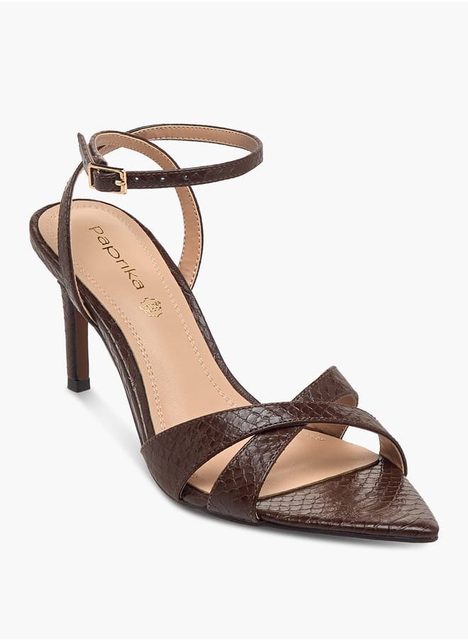 Women Animal Textured Cross Strap Sandals with Buckle Closure and Stiletto Heels
