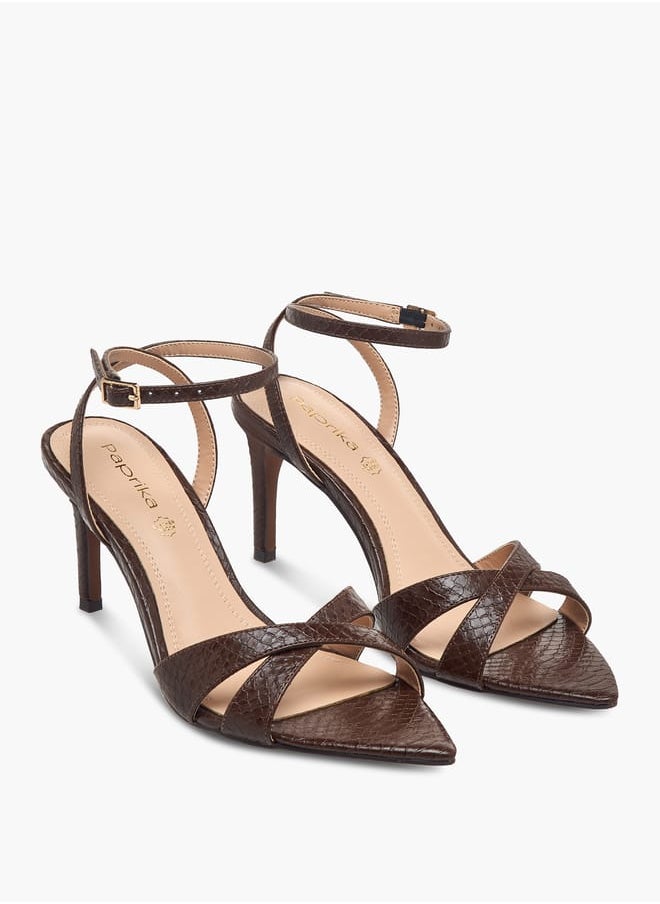 Women Animal Textured Cross Strap Sandals with Buckle Closure and Stiletto Heels