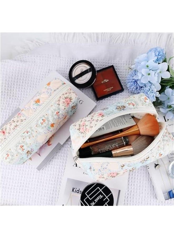 2Pcs Cotton Quilted Makeup Bag for Women Girls Coquette Small Floral Cosmetic Bags Cute Zipper Pencil Pouch Aesthetic Makeup Pouch Trendy Cloth Bee&Flower Travel Toiletry Skincare Bag