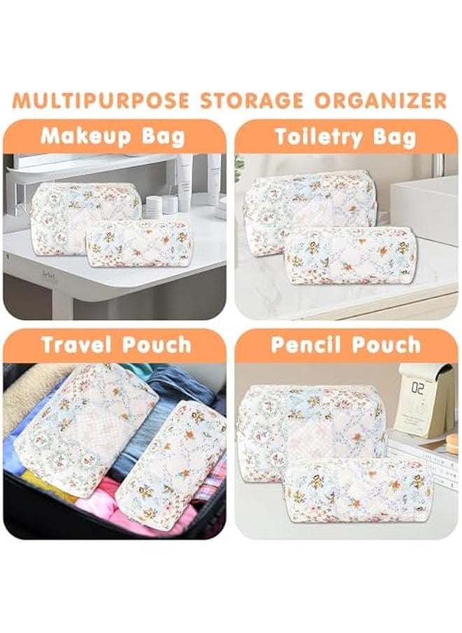 2Pcs Cotton Quilted Makeup Bag for Women Girls Coquette Small Floral Cosmetic Bags Cute Zipper Pencil Pouch Aesthetic Makeup Pouch Trendy Cloth Bee&Flower Travel Toiletry Skincare Bag