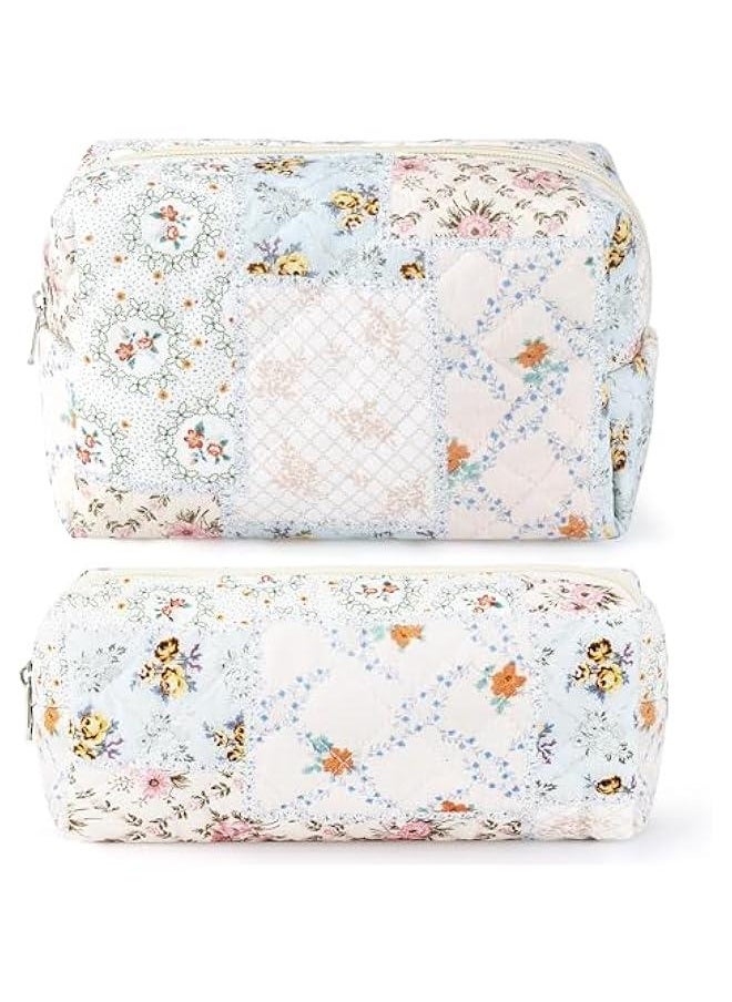 2Pcs Cotton Quilted Makeup Bag for Women Girls Coquette Small Floral Cosmetic Bags Cute Zipper Pencil Pouch Aesthetic Makeup Pouch Trendy Cloth Bee&Flower Travel Toiletry Skincare Bag