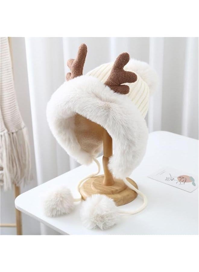 Cute Kawaii Women Warm Reindeer Cover Ears Beanie with Pom Pom Ear Flaps Hat for Winter