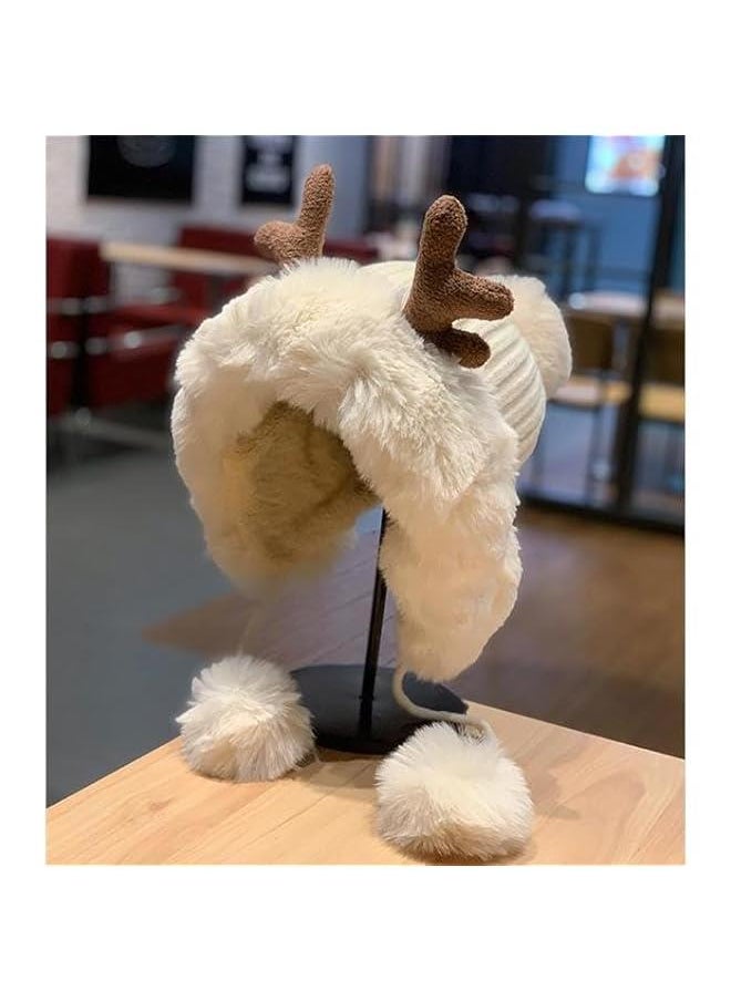 Cute Kawaii Women Warm Reindeer Cover Ears Beanie with Pom Pom Ear Flaps Hat for Winter