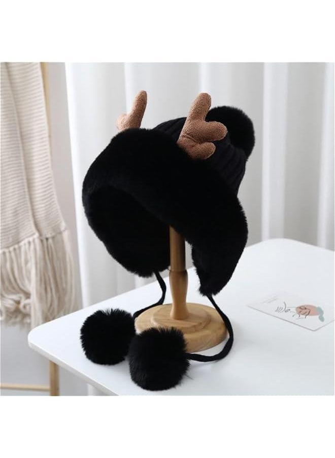 Cute Kawaii Women Warm Reindeer Cover Ears Beanie with Pom Pom Ear Flaps Hat for Winter