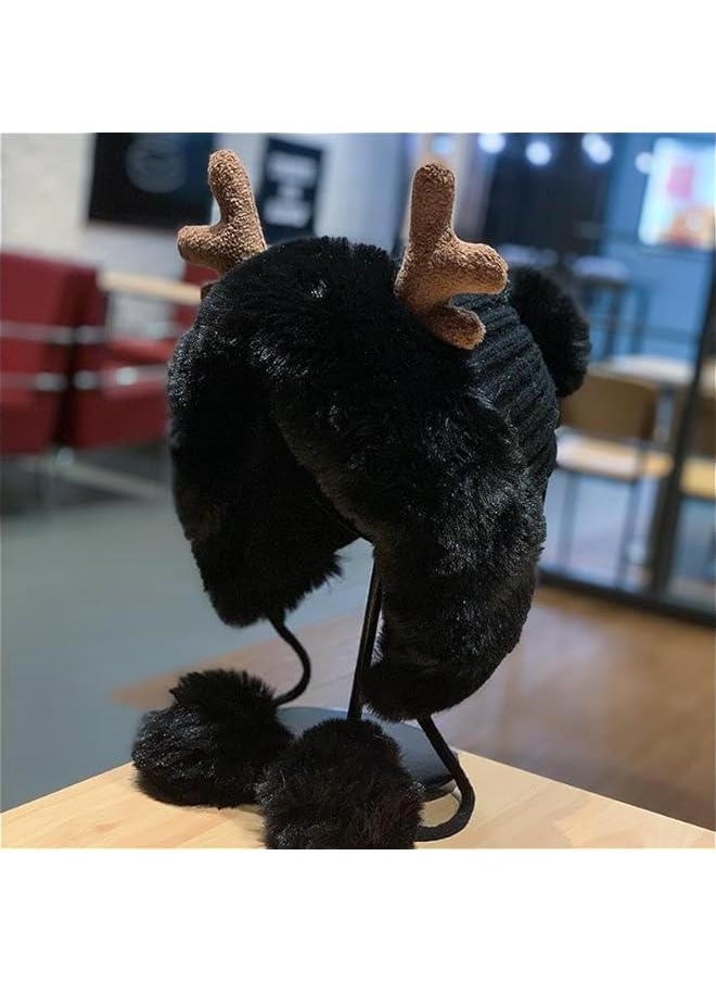 Cute Kawaii Women Warm Reindeer Cover Ears Beanie with Pom Pom Ear Flaps Hat for Winter
