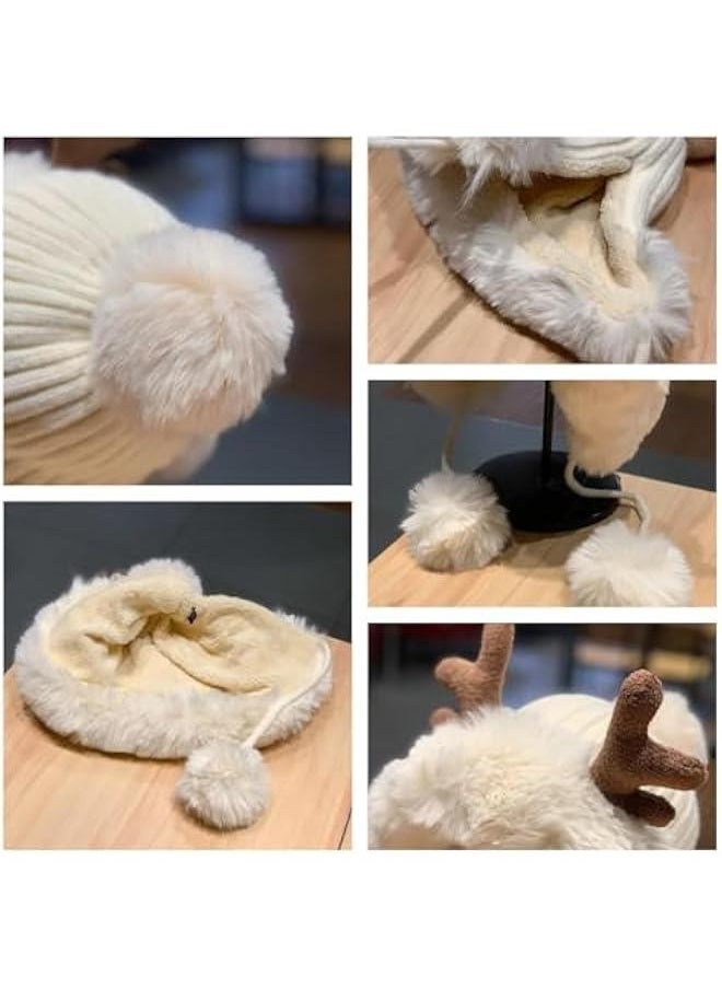 Cute Kawaii Women Warm Reindeer Cover Ears Beanie with Pom Pom Ear Flaps Hat for Winter