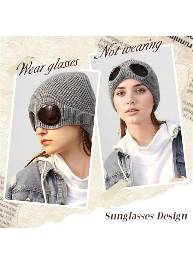 Uni Knitted Goggles Beanie,Solid Color Lens Design Hat Warm Winter Hat Outdoor Sports Cap Stretchy Beanie