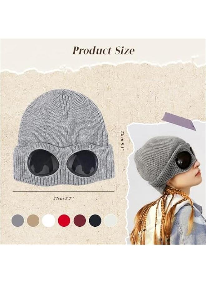 Uni Knitted Goggles Beanie,Solid Color Lens Design Hat Warm Winter Hat Outdoor Sports Cap Stretchy Beanie