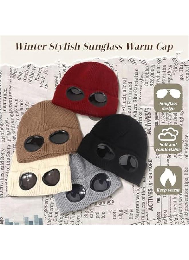 Uni Knitted Goggles Beanie,Solid Color Lens Design Hat Warm Winter Hat Outdoor Sports Cap Stretchy Beanie