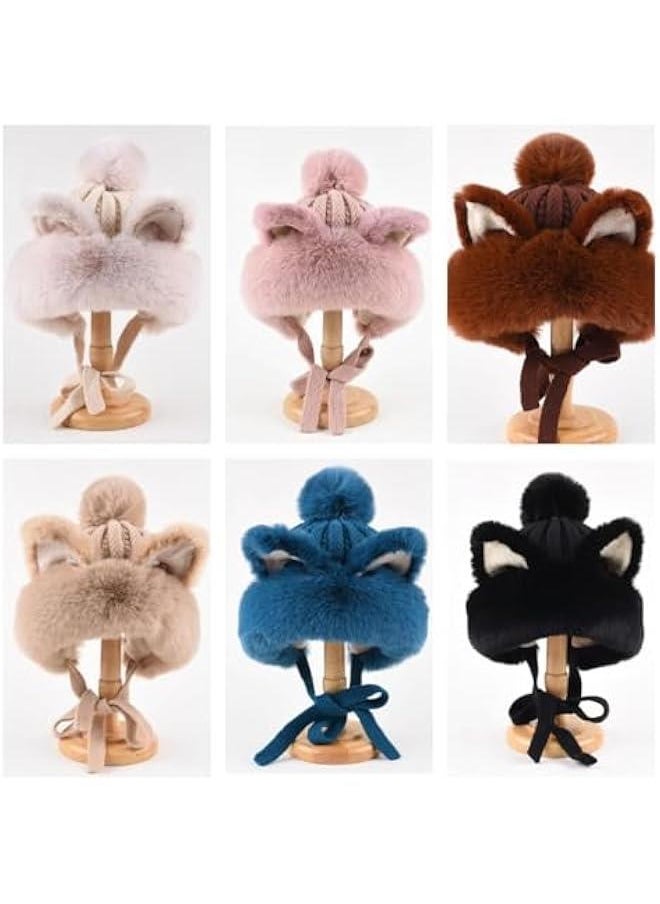 Cute Kawaii Women Warm Fox Cover Ears Beanie with Pom Pom Ear Flaps Hat for Winter