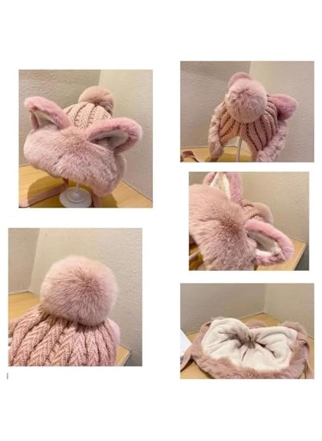 Cute Kawaii Women Warm Fox Cover Ears Beanie with Pom Pom Ear Flaps Hat for Winter