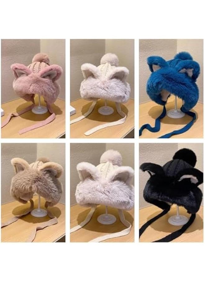 Cute Kawaii Women Warm Fox Cover Ears Beanie with Pom Pom Ear Flaps Hat for Winter