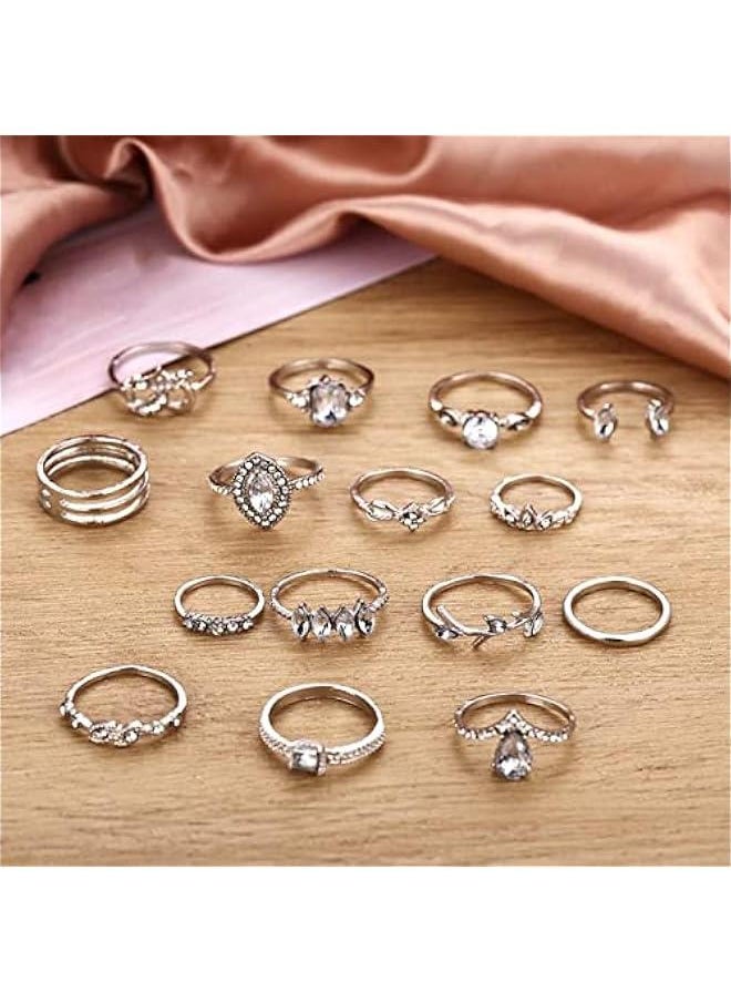 15Pcs/Set Rhinestone Finger Rings, Individuality Creative Alloy Different Patterns Rhinestone Rings for Women