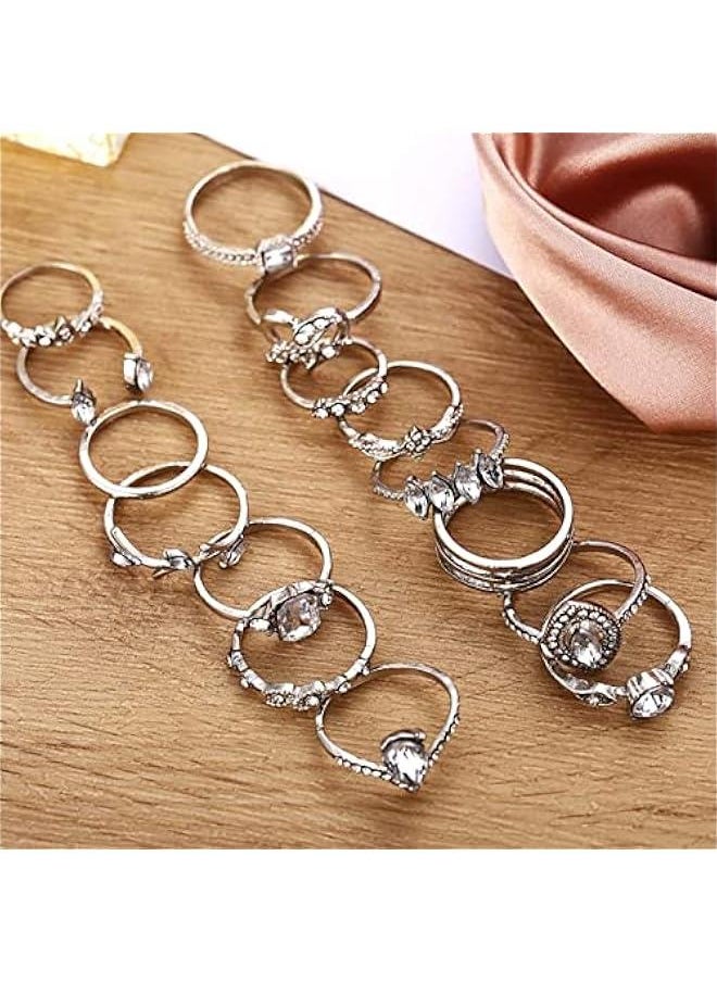 15Pcs/Set Rhinestone Finger Rings, Individuality Creative Alloy Different Patterns Rhinestone Rings for Women