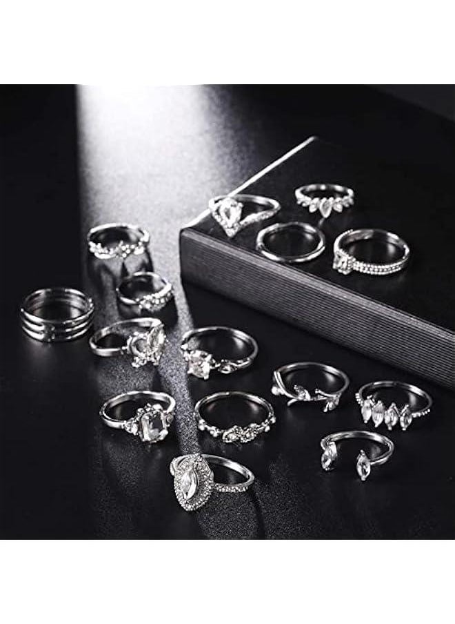 15Pcs/Set Rhinestone Finger Rings, Individuality Creative Alloy Different Patterns Rhinestone Rings for Women