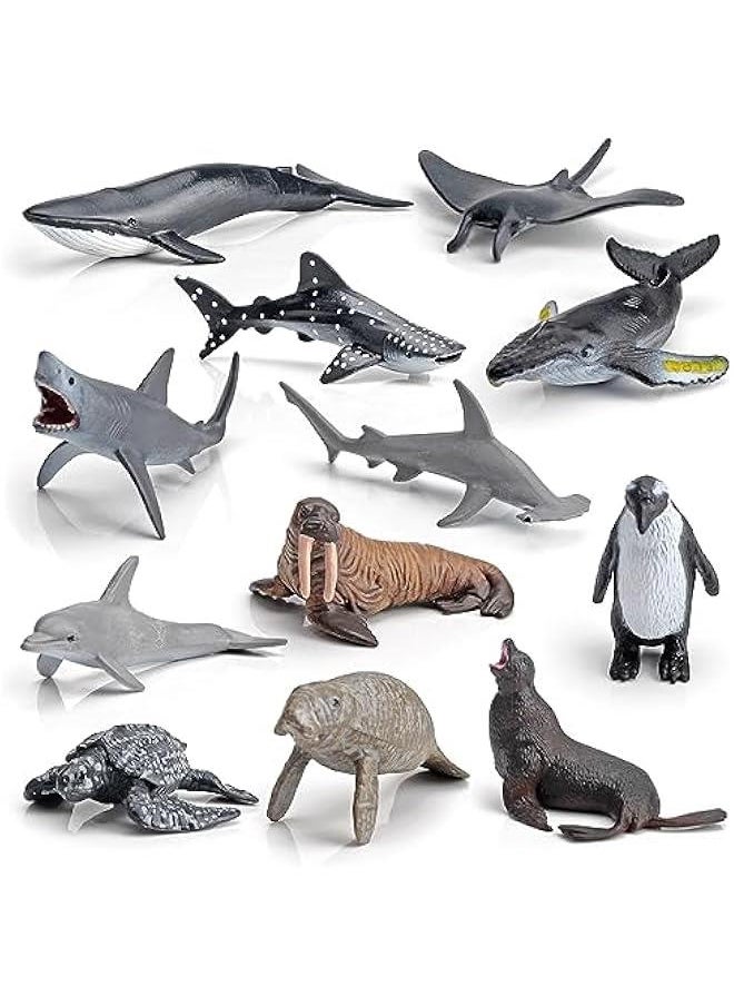 Sea Animal Toy Set Mini Plastic Sea Creature Figurines Ocean Sea Animals Figures Realistic Sea Marine Animal Playset Cake Topper Decor Gifts with White Shark Sea Lion Dolphin Whale for Kids