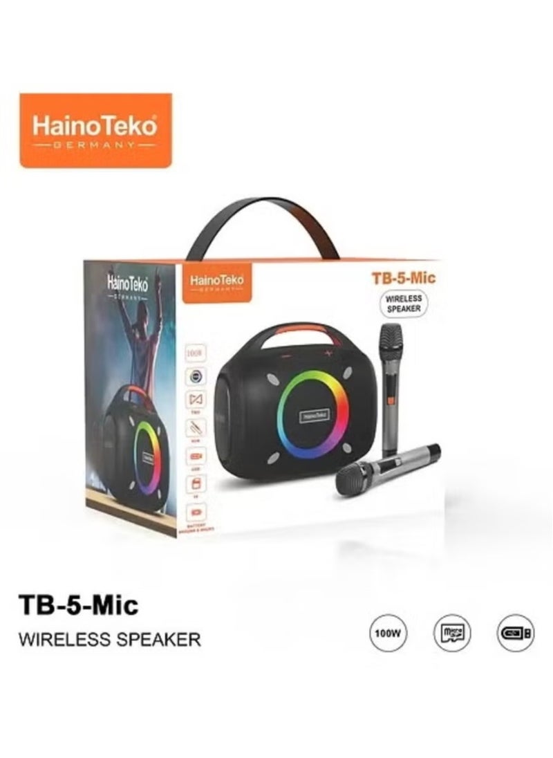 TB-5 Portable Wireless Bluetooth Speaker with 2 Wireless Mics – 100W Output Power, RGB Lighting, Multi-Functional Button Control, Indoor & Outdoor Use, Black