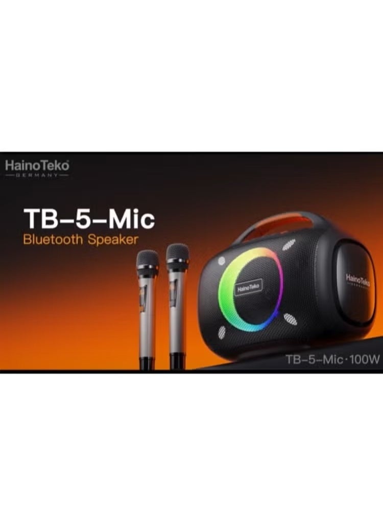 TB-5 Portable Wireless Bluetooth Speaker with 2 Wireless Mics – 100W Output Power, RGB Lighting, Multi-Functional Button Control, Indoor & Outdoor Use, Black