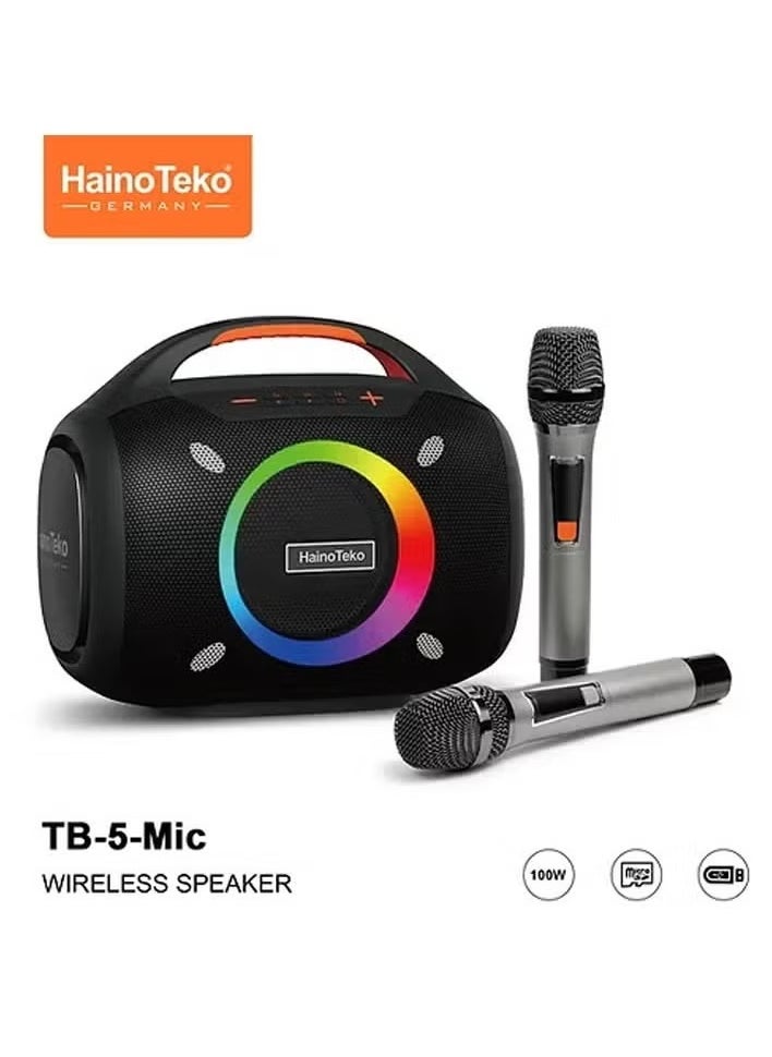 TB-5 Portable Wireless Bluetooth Speaker with 2 Wireless Mics – 100W Output Power, RGB Lighting, Multi-Functional Button Control, Indoor & Outdoor Use, Black