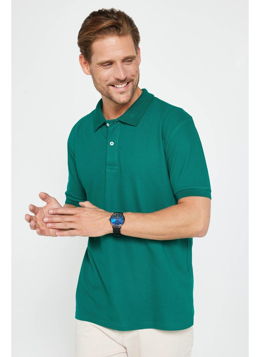 Men's Classic Fit Relaxed Cut Cotton Plain Pique Green Polo Neck T-Shirt