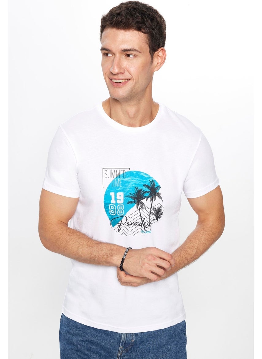 Men's Slim Fit Narrow Cut Cotton Soft Textured Printed White Crew Neck T-Shirt
