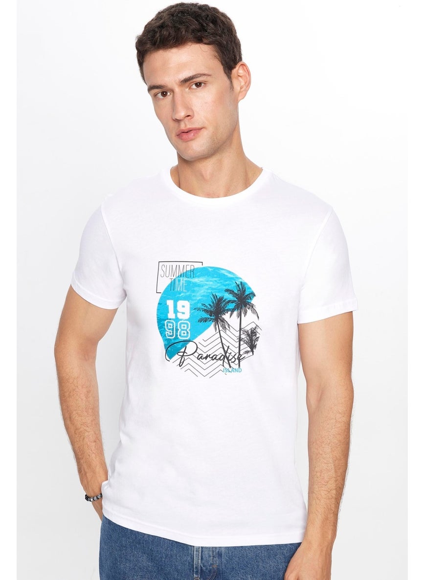 Men's Slim Fit Narrow Cut Cotton Soft Textured Printed White Crew Neck T-Shirt