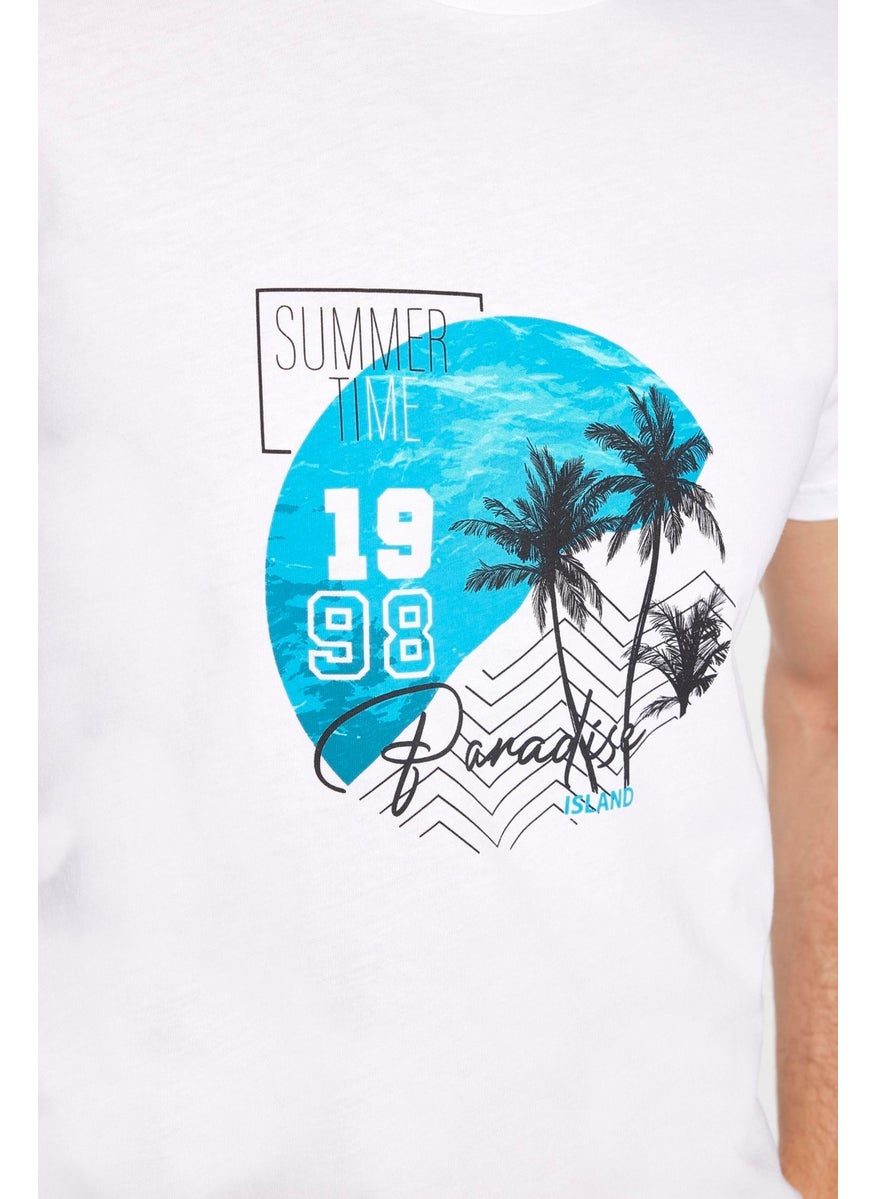 Men's Slim Fit Narrow Cut Cotton Soft Textured Printed White Crew Neck T-Shirt