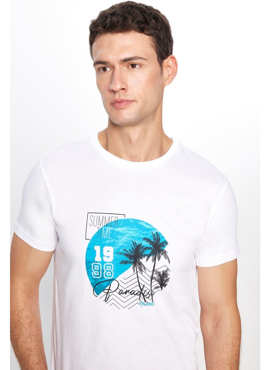 Men's Slim Fit Narrow Cut Cotton Soft Textured Printed White Crew Neck T-Shirt