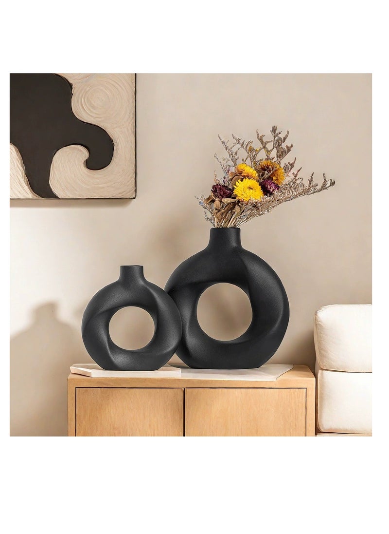 Black Ceramic Vase 2-Piece Set for Modern Home Decor, Pampas Flowers Vase, Boho Style, for Living Room, Office Bedroom, Wedding Holiday Table Decoration Gifts