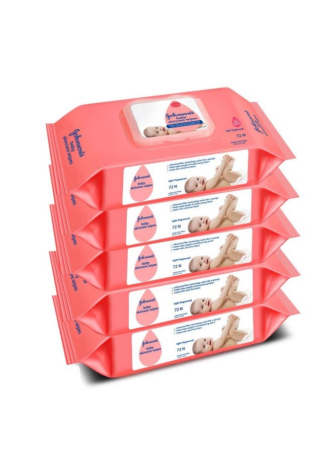 Johnson's Baby Wet Wipes | Alcohol & Soap Free | Prevents Rashes & Redness |(Pack of 5) (360 Wet Wipes)