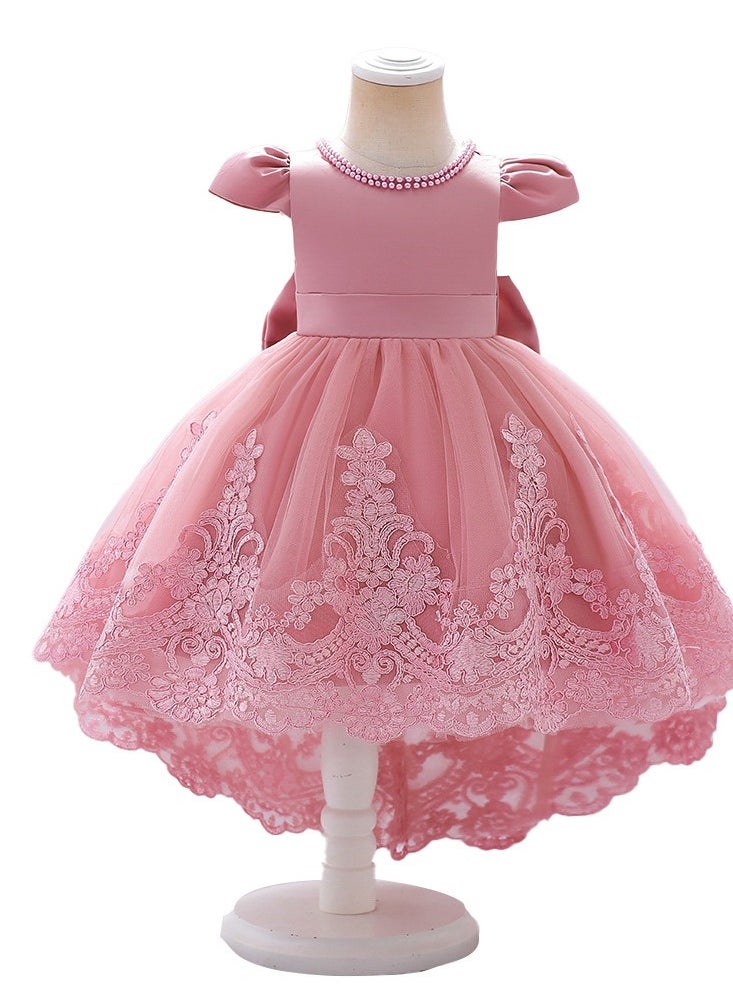 Baby girls Embroidered Tulle Ball Gown with Bow & Train - Elegant 1st Birthday Dress for Girls | Luxurious Flower Girl Attire for Pageants, Fashion Shows & Special Occasions