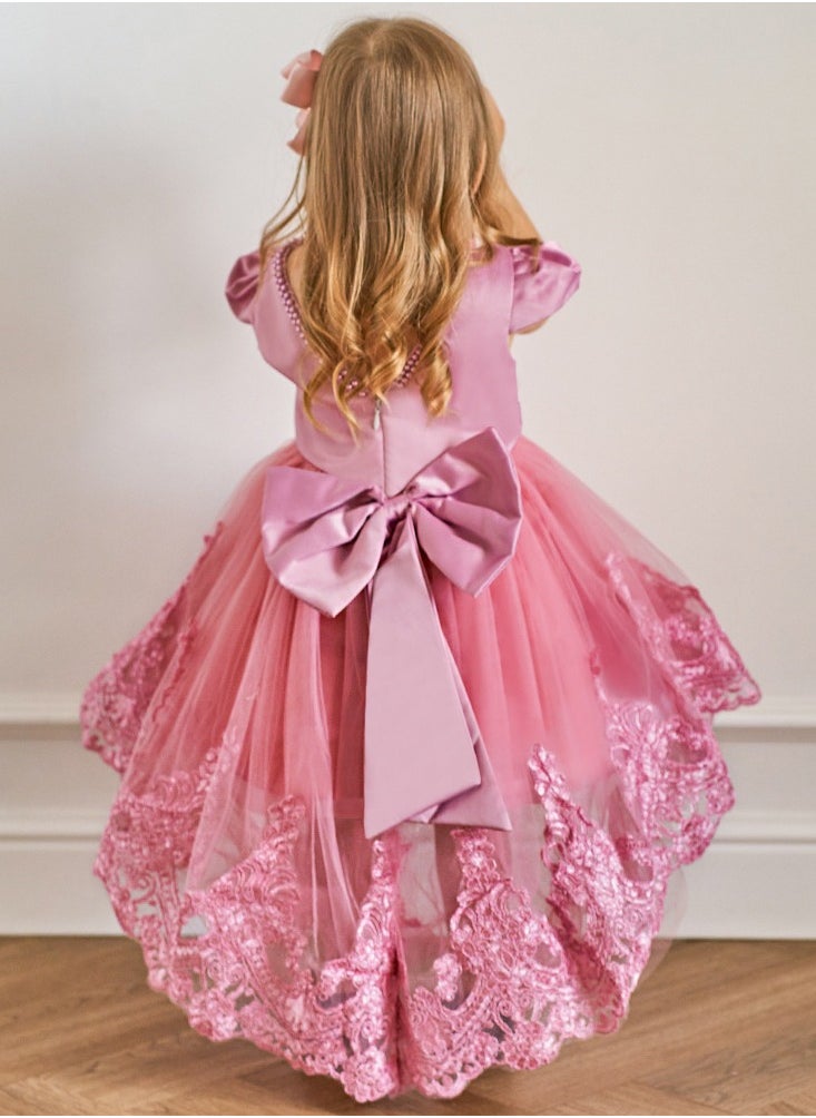 Baby girls Embroidered Tulle Ball Gown with Bow & Train - Elegant 1st Birthday Dress for Girls | Luxurious Flower Girl Attire for Pageants, Fashion Shows & Special Occasions