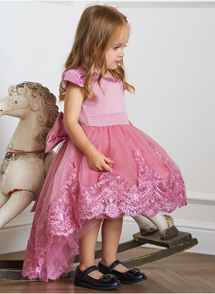 Baby girls Embroidered Tulle Ball Gown with Bow & Train - Elegant 1st Birthday Dress for Girls | Luxurious Flower Girl Attire for Pageants, Fashion Shows & Special Occasions