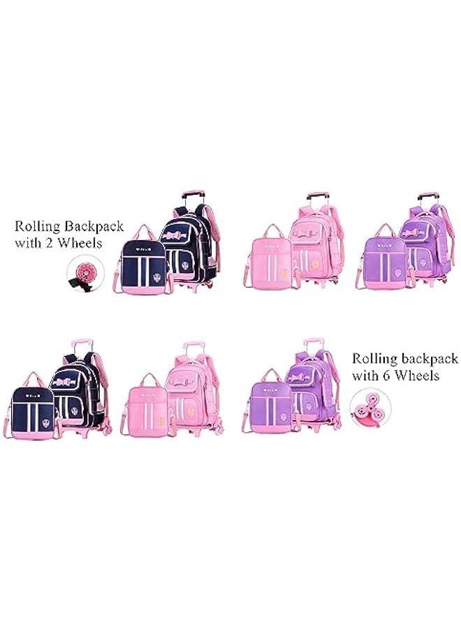 Bowknot Kids Girls Rolling Backpack Cute Carry-on Luggage with Wheels Trolly BookBag for School-2 Wheels