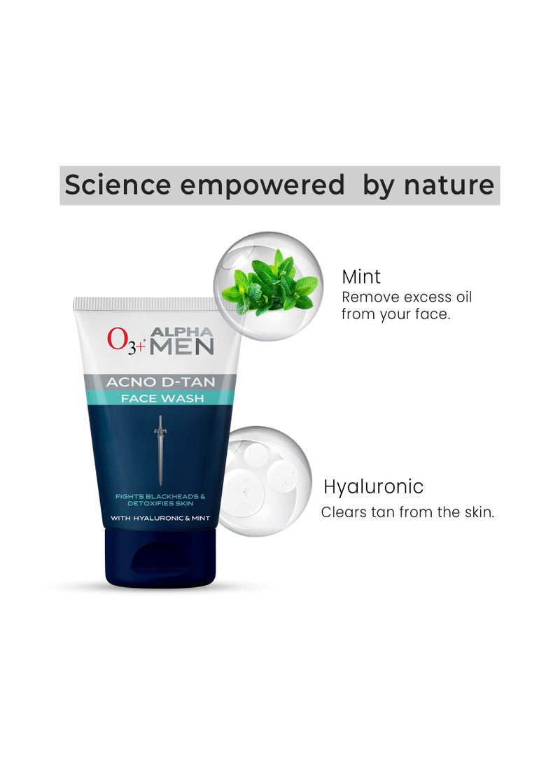 O3+ ALPHA MEN Acno D-TAN Face Wash with Hyaluronic & Mint | Fights Blackheads & Detoxifies Skin, 50ml