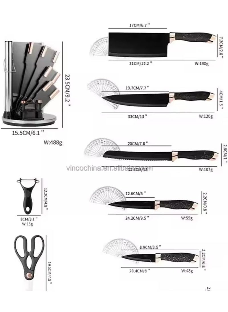 9-Piece Marble Pattern Handle Kitchen Knife Set – Premium Stainless Steel (Black with transparent)