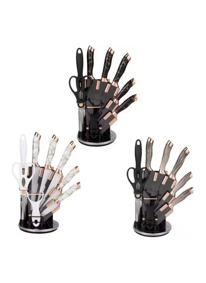 9-Piece Marble Pattern Handle Kitchen Knife Set – Premium Stainless Steel (Black with transparent)