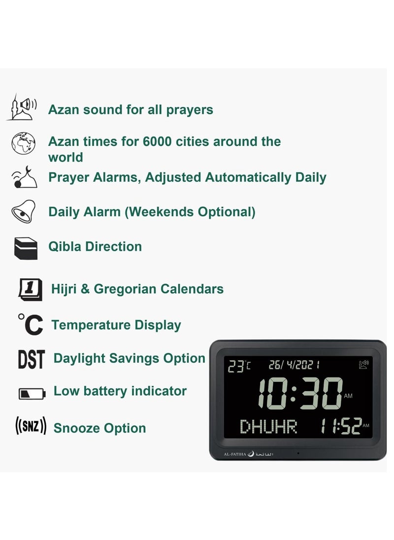 AL-FATIHA Automatic Worldwide Digital 8 Azan Prayer Sounds Islamic Wall and Desk Clock Black screen