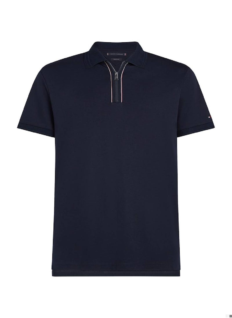 Men's Regular Fit Zip Placket Polo Shirt - Cotton, Blue