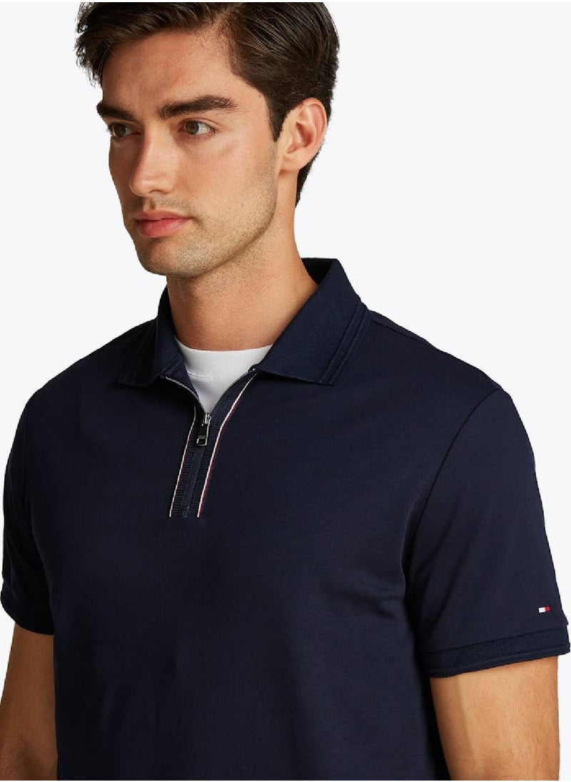 Men's Regular Fit Zip Placket Polo Shirt - Cotton, Blue